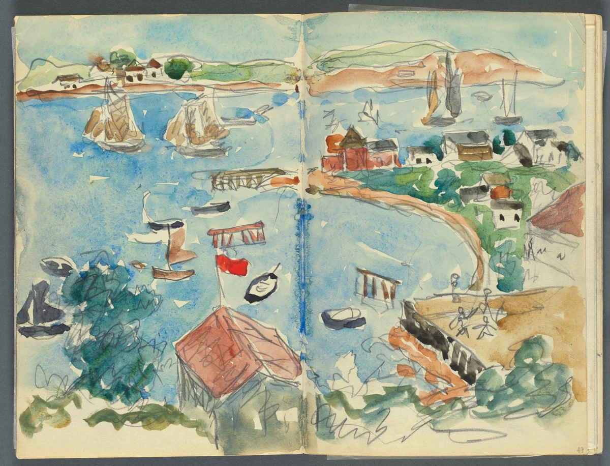 Sketchbook, The Dells, N° 127, page 048 & 49: View of a Cove from above by Maurice Prendergast, book, 1919-1921