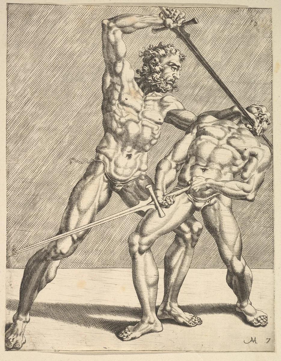 Two Fencers, from Fencers, plate 7 by Dirck Volckertsz. Coornhert, print, 1552