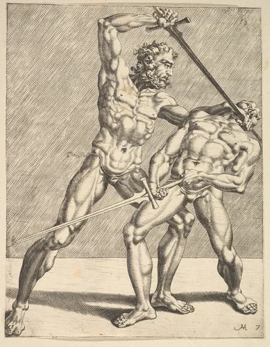 Two Fencers, from Fencers, plate 7 by Dirck Volckertsz. Coornhert, print, 1552