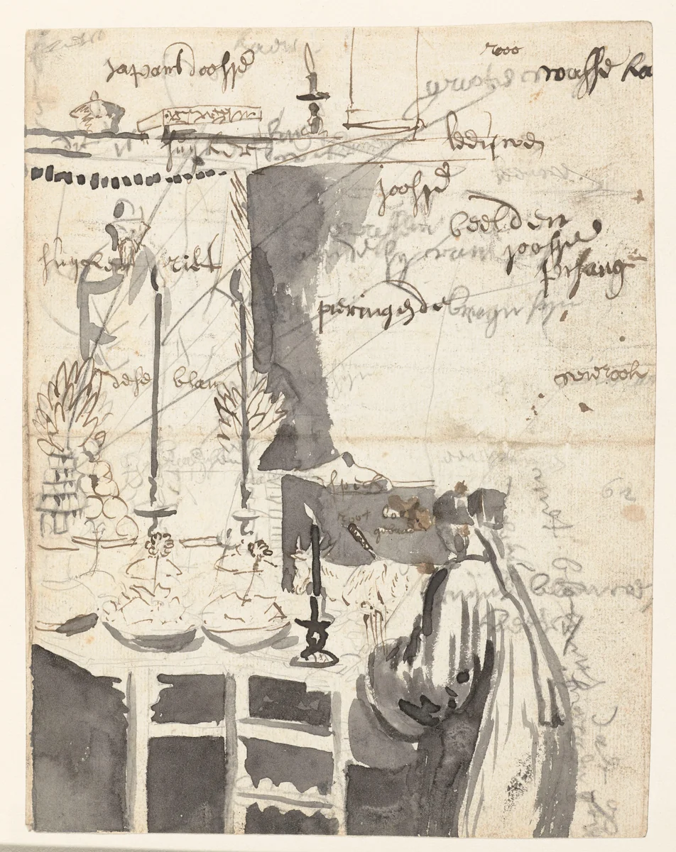 Chinese man making an offering by Wouter Schouten, drawing, 1660