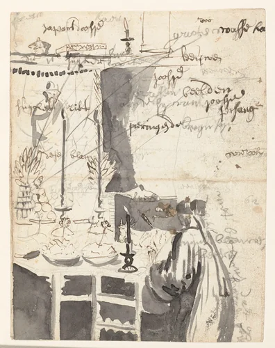 Chinese man making an offering by Wouter Schouten, drawing, 1660