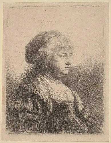 Saskia with Pearls in Her Hair by Rembrandt van Rijn, print, 1634