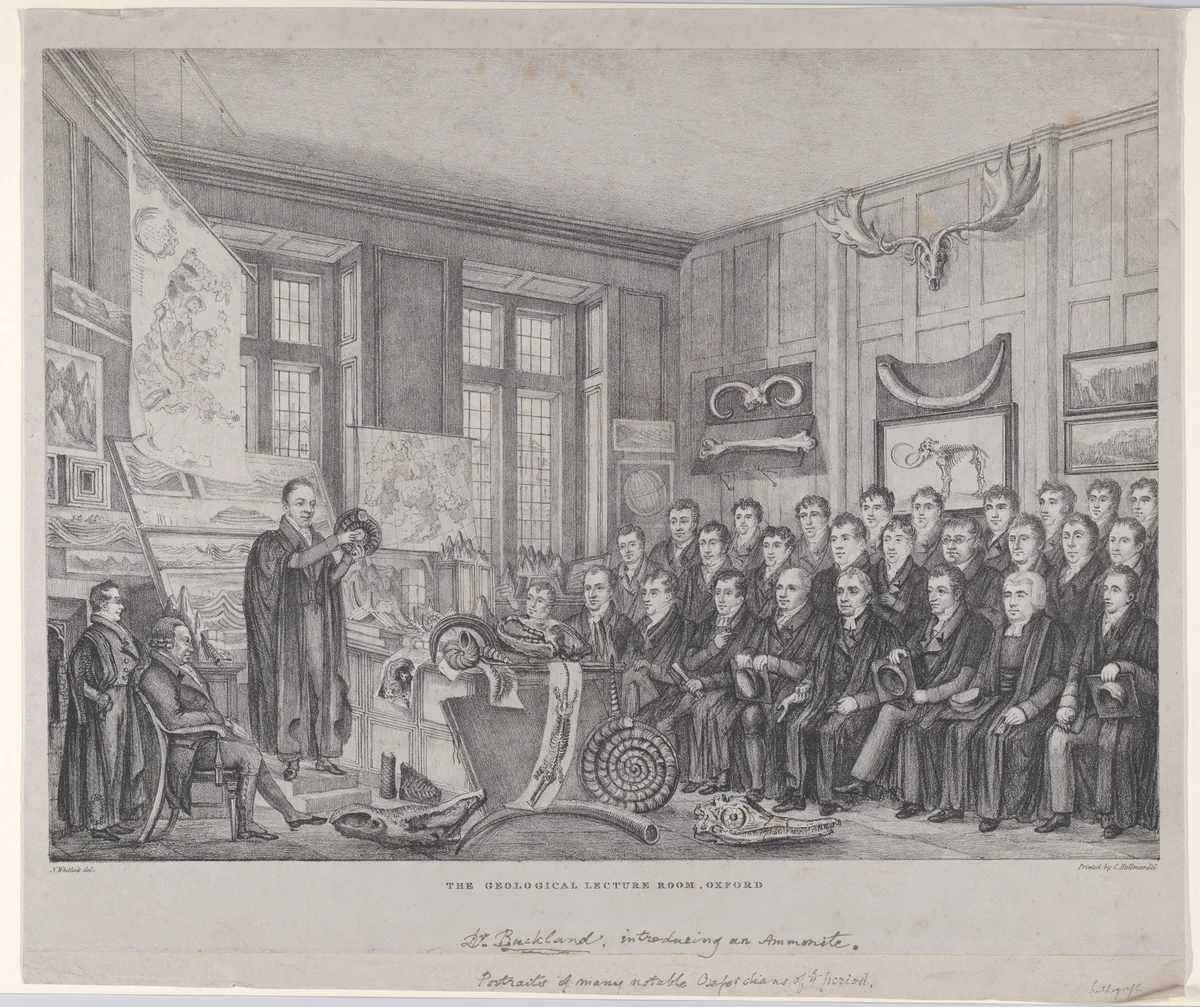The Geological Lecture Room, Oxford: Dr. William Buckland Lecturing on February 15, 1823 by Nathaniel Whittock, print, 1823-1830