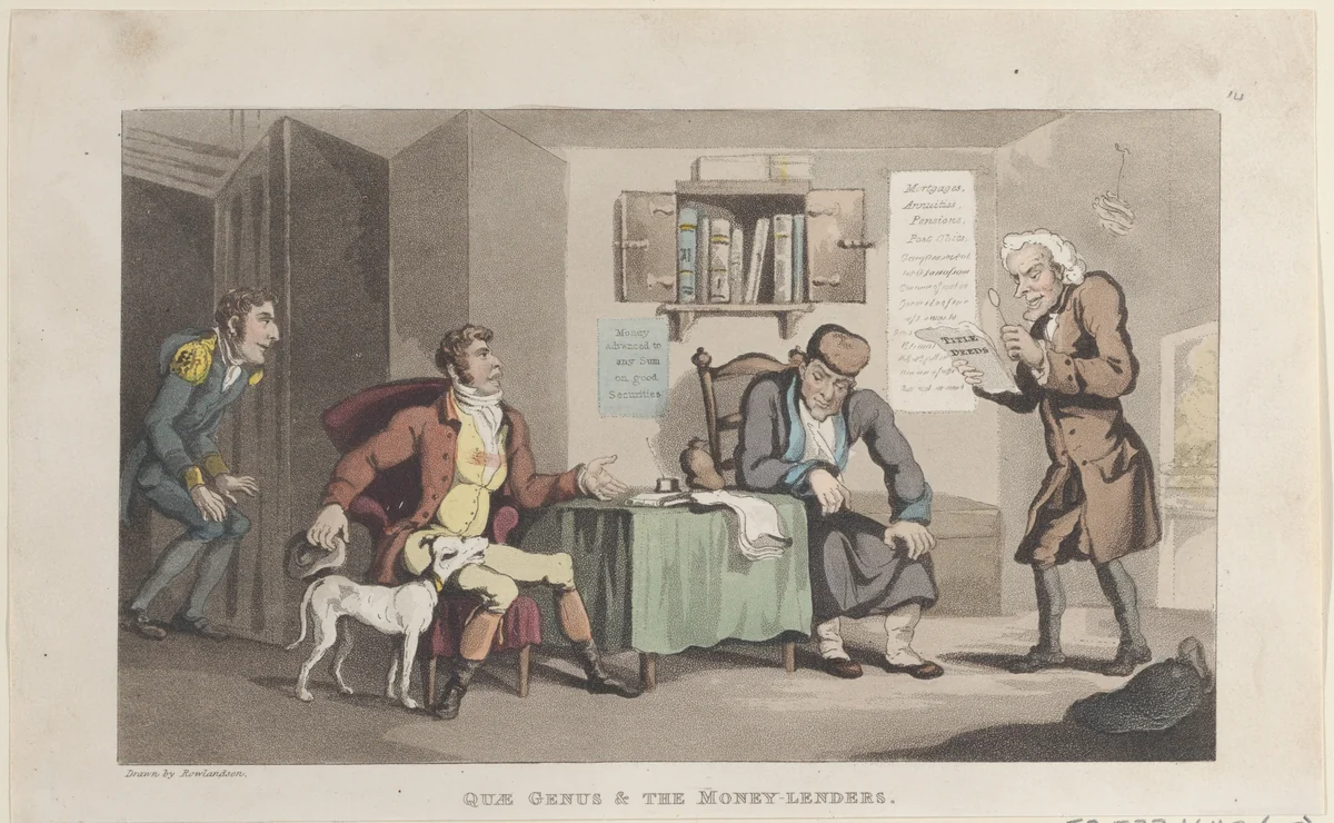 Quae Genus & The Money Lenders by Thomas Rowlandson, print, 1821