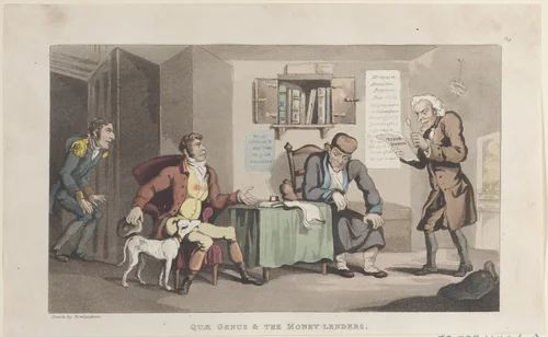 Quae Genus & The Money Lenders by Thomas Rowlandson, print, 1821