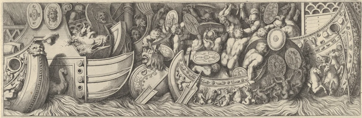 Plate 7: a battle taking place between men in boats by Pietro Santi Bartoli, print, 1655-1665