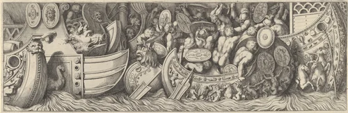 Plate 7: a battle taking place between men in boats by Pietro Santi Bartoli, print, 1655-1665