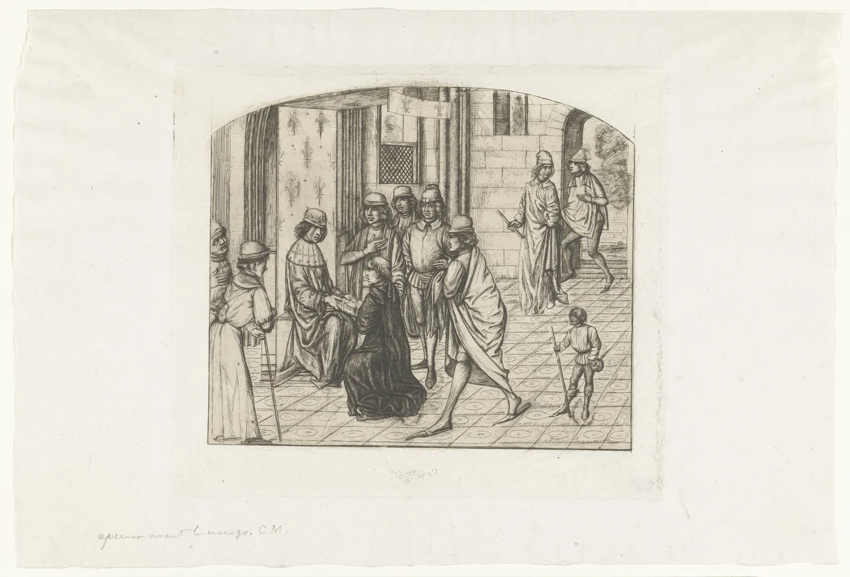 Drukker Valère Maxime wordt voorgesteld aan koning Lodewijk XI by Charles Meryon, print, 1860