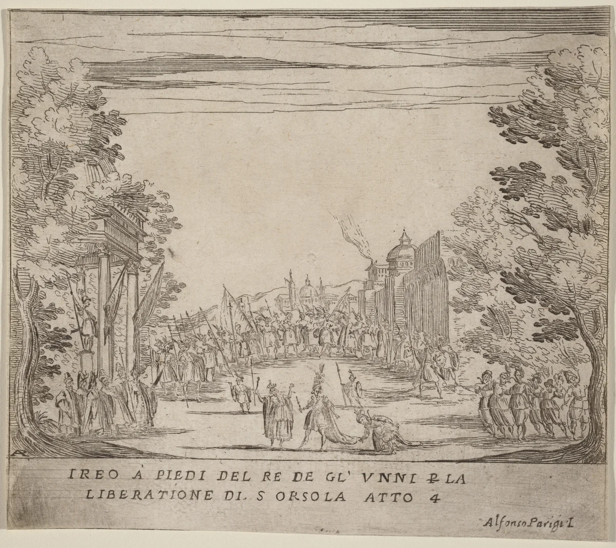 Jereo Before the King of the Huns for the Liberation of Saint Ursula by Alfonso Parigi II, print, 1606-1656