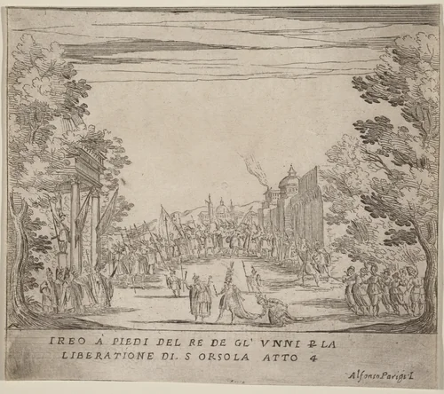 Jereo Before the King of the Huns for the Liberation of Saint Ursula by Alfonso Parigi II, print, 1606-1656