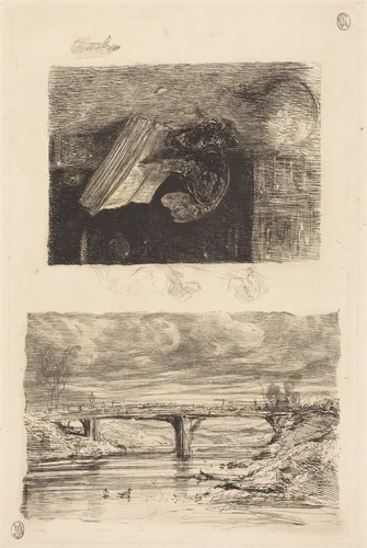 River Landscape with a Bridge; Monkey Paging through a Book by Alexandre-Gabriel Decamps, print, 1830-1835
