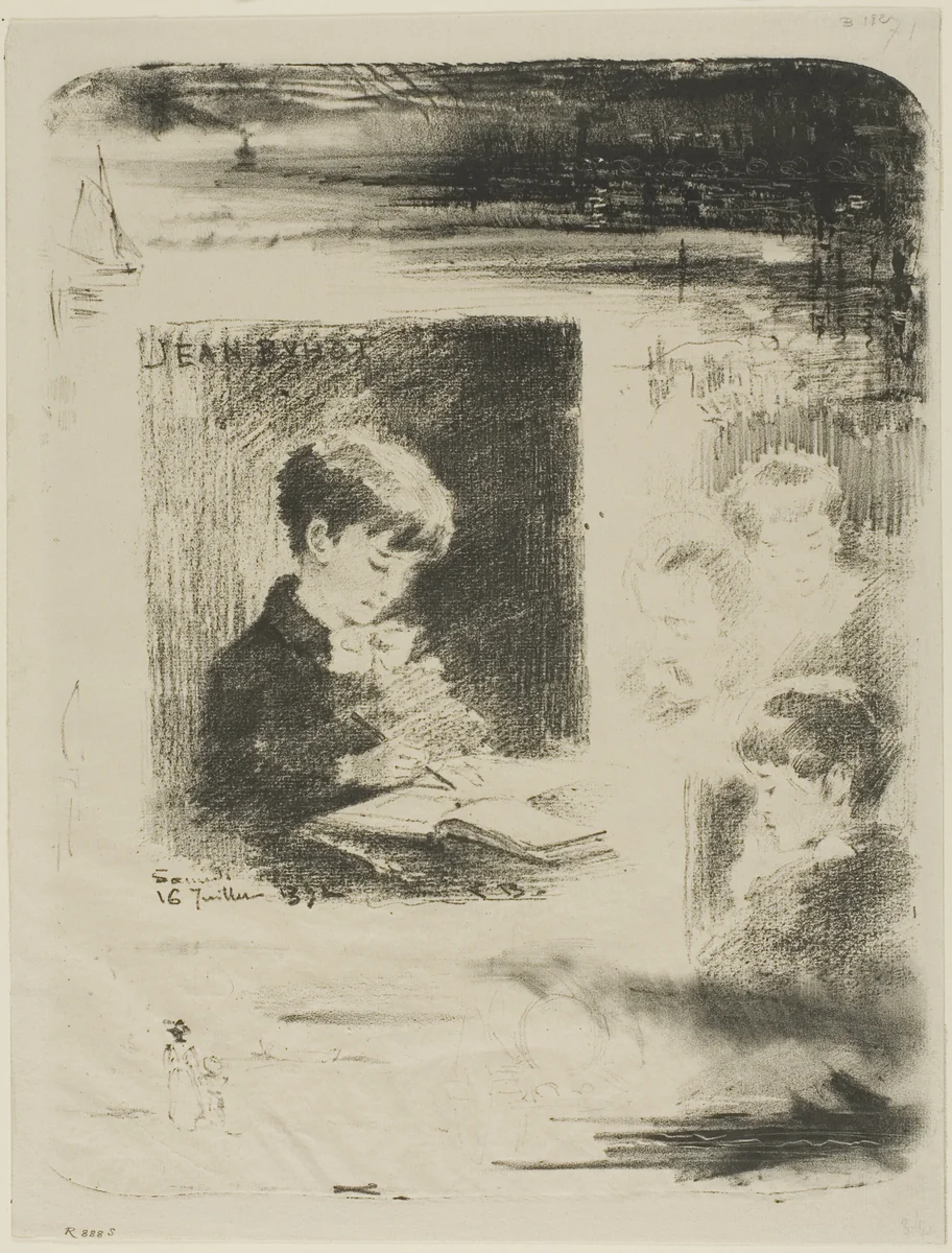 Child Drawing (Jean Buhot) by Félix Hilaire Buhot, print, 1892