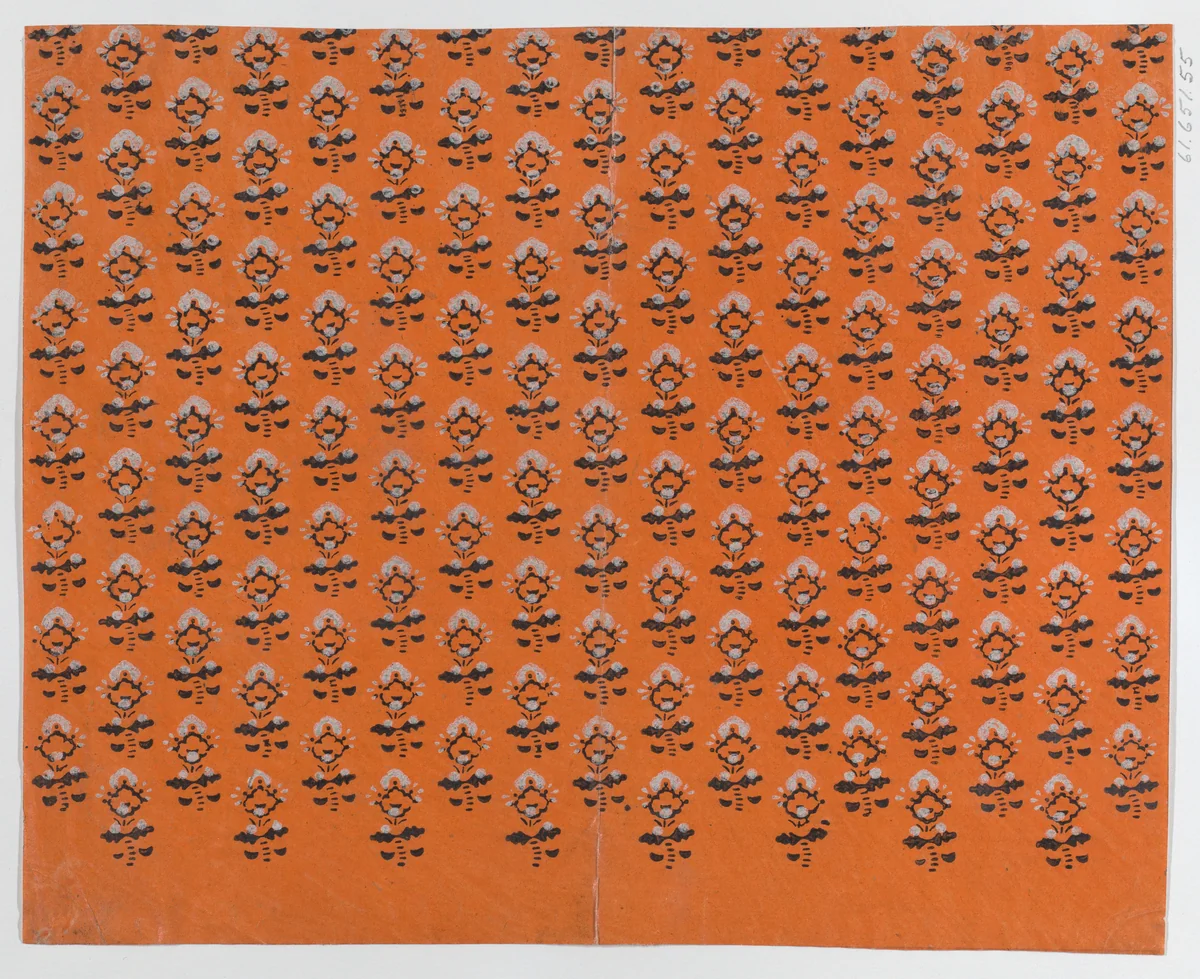 Sheet with blue and orange leaf pattern by anonymous, print, 1775-1875