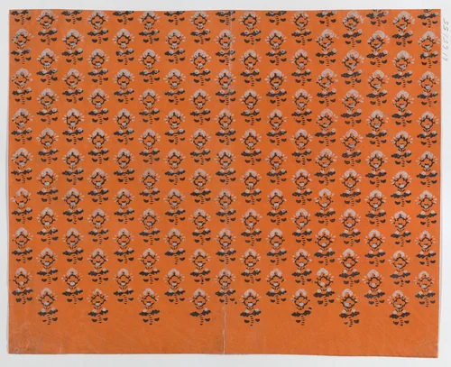 Sheet with blue and orange leaf pattern by anonymous, print, 1775-1875