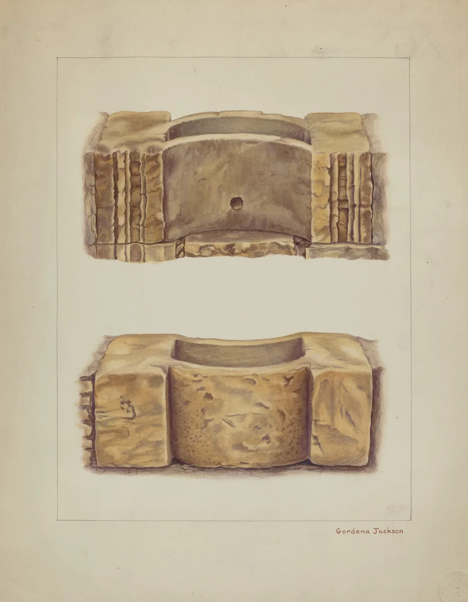 Carved Stone Wash Basin at Carmel Mission by Gordena Jackson, index of american design, 1938
