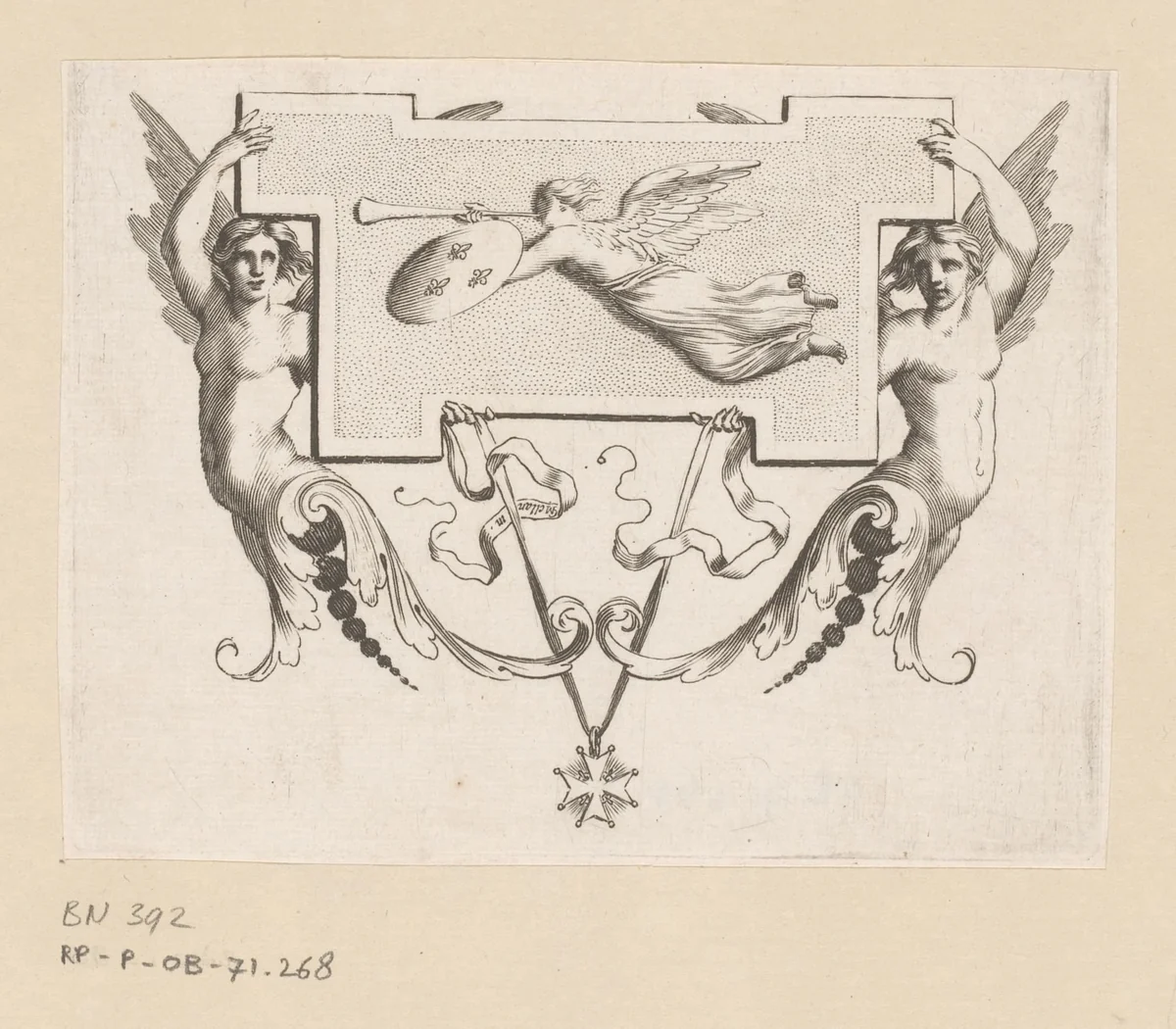 Cul-de-lampe van twee gevleugelde vrouwen een tableau ophoudend waarop de Roem (Fama) by Claude Mellan, print, 1639-1643