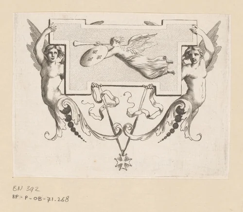 Cul-de-lampe van twee gevleugelde vrouwen een tableau ophoudend waarop de Roem (Fama) by Claude Mellan, print, 1639-1643