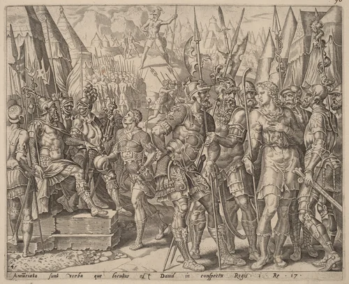 David's Brother Relating to Him Goliath's Challenge by Maerten van Heemskerck, print, 1556