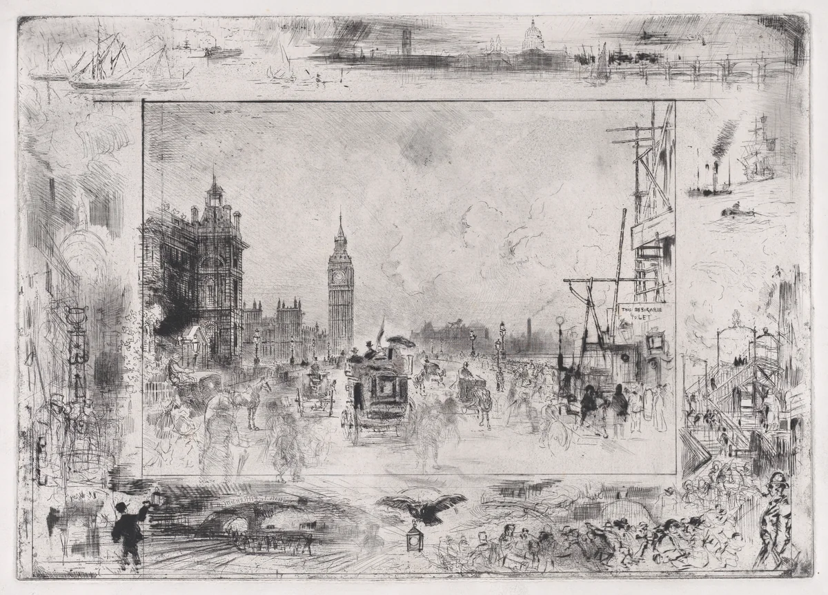 Westminster Bridge, or Westminster Clock Tower by Félix Hilaire Buhot, print, 1860-1898