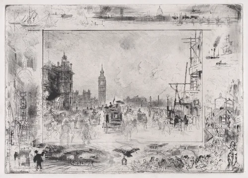 Westminster Bridge, or Westminster Clock Tower by Félix Hilaire Buhot, print, 1860-1898