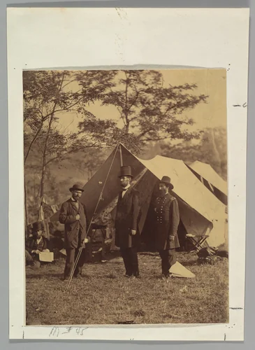 [President Abraham Lincoln, Major General John A. McClernand (right), and E. J. Allen (Allan Pinkerton, left), Chief of the Secret Service of the United States, at Secret Service Department, Headquarters Army of the Potomac, near Antietam, Maryland] by Alexander Gardner, photograph, 1862