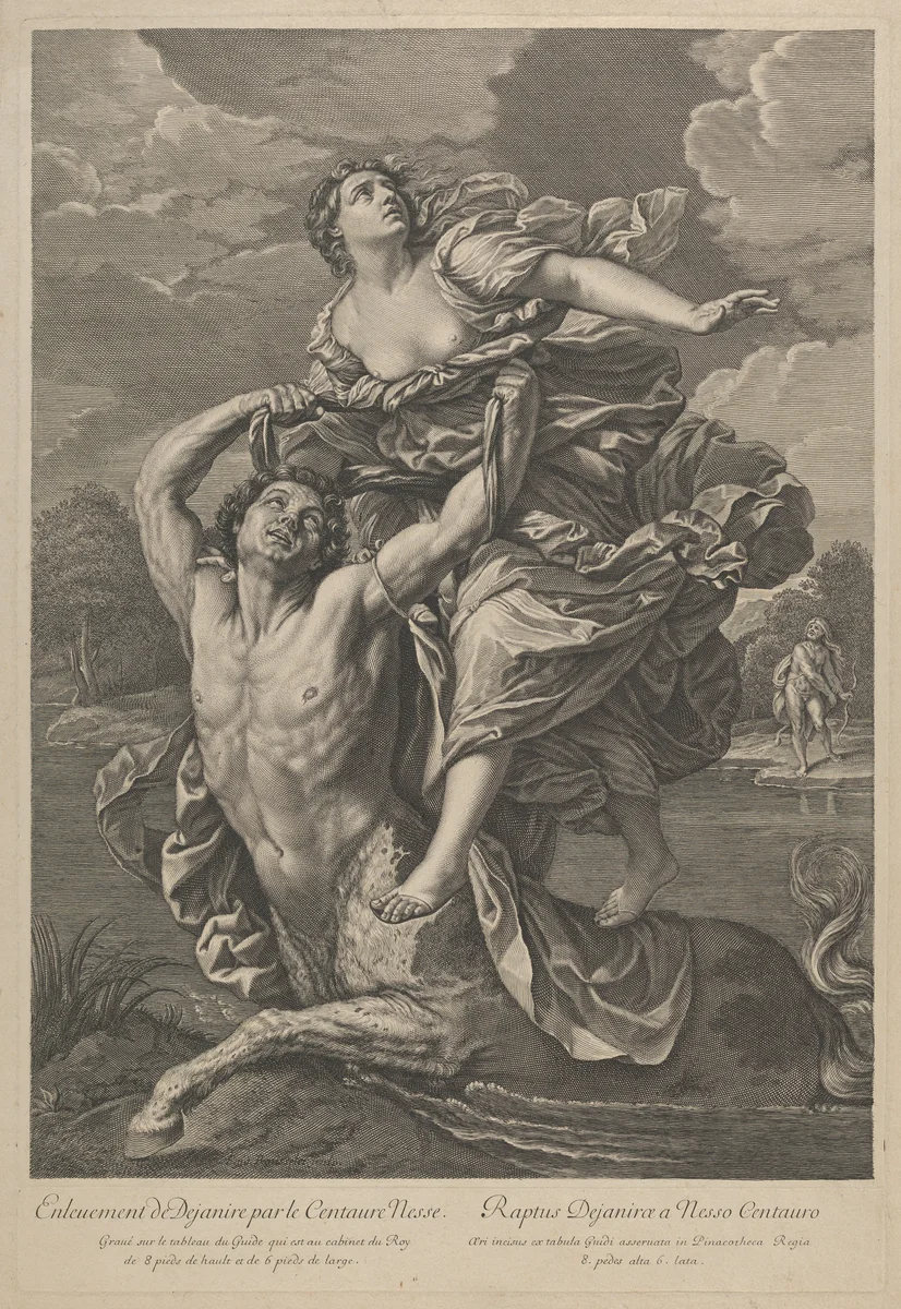 Dejanira being abducted by the centaur Nessos, a man with bow and arrow at right, after Reni by anonymous, print, 1795-1850
