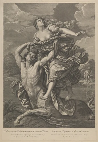 Dejanira being abducted by the centaur Nessos, a man with bow and arrow at right, after Reni by anonymous, print, 1795-1850