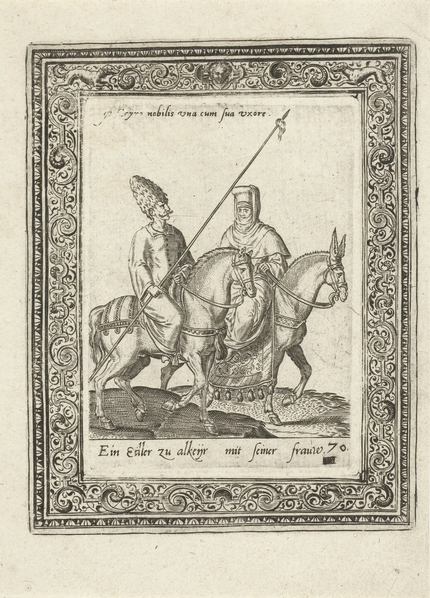 Arabische edelman en zijn vrouw te paard by Unknown, print, 1577