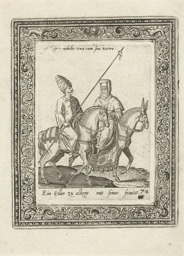 Arabische edelman en zijn vrouw te paard by Unknown, print, 1577