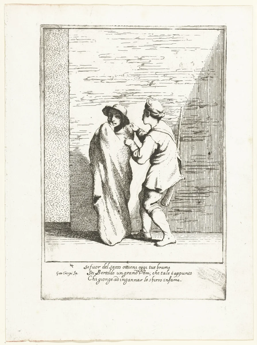 Bertoldo in een zak by Giuseppe Maria Crespi, print, 1710-1715