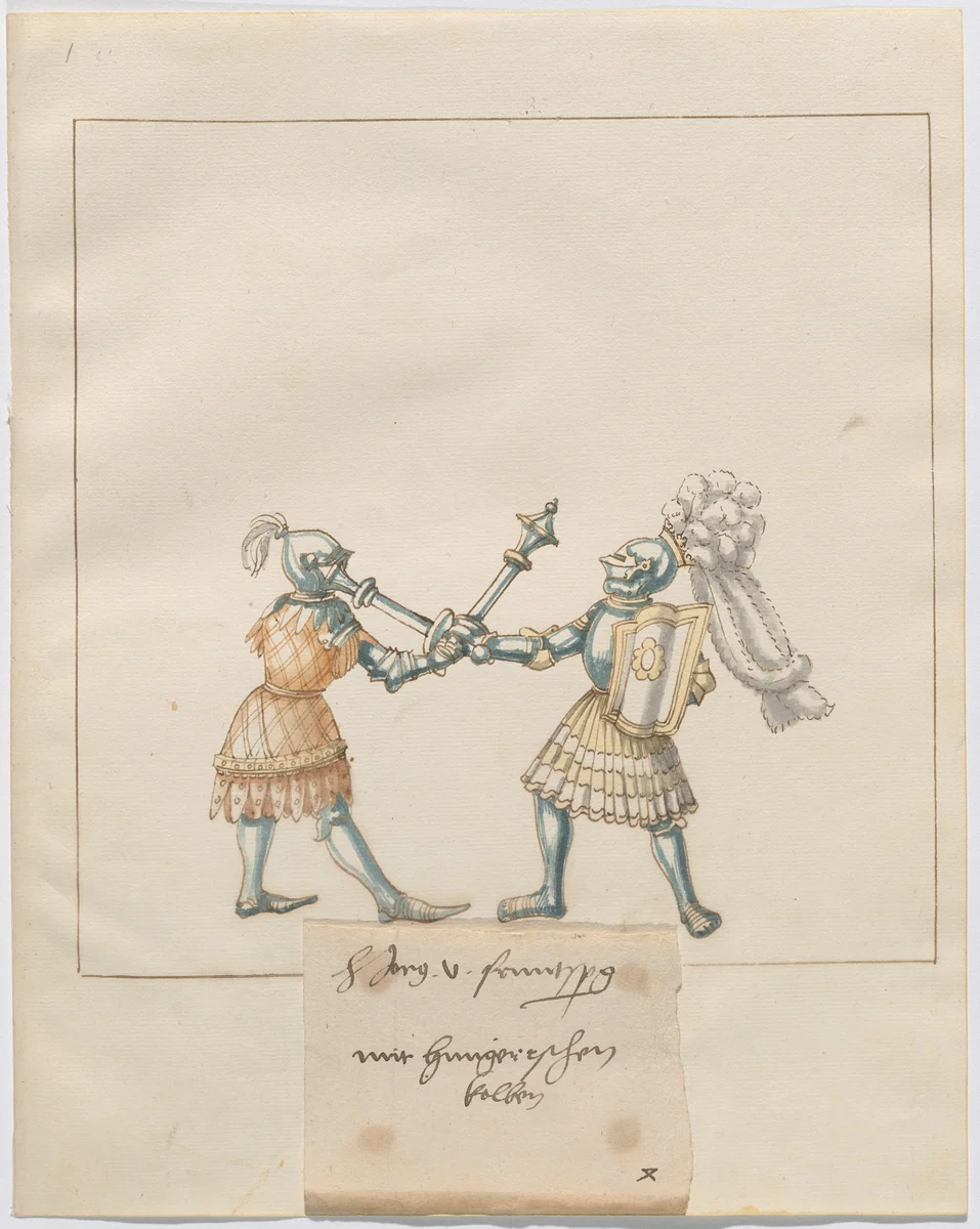 Foot Combat with Maces and Tartsche Shields by German 16th Century, drawing, 1515