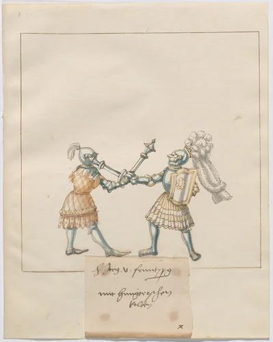 Foot Combat with Maces and Tartsche Shields by German 16th Century, drawing, 1515