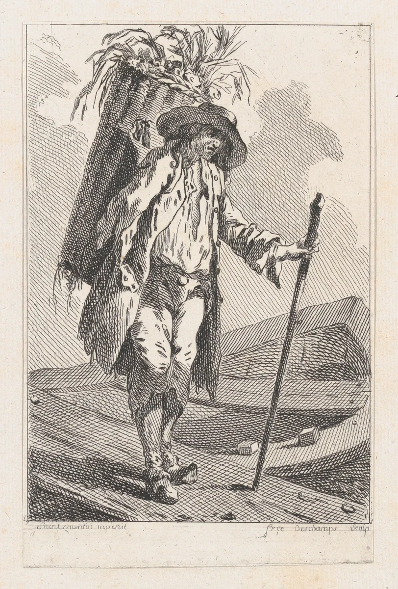 Peasant with Staff and Basket by Catherine-Francoise Beauvarlet, print, 1753-1763