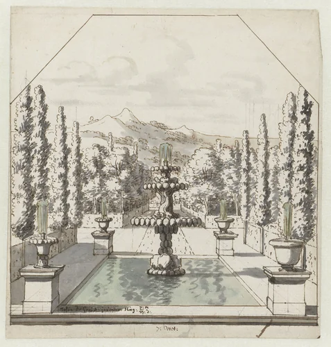 Imaginary Italianate Landscape with a Formal Garden Pond and Fountain by Josua de Grave, drawing, 1689