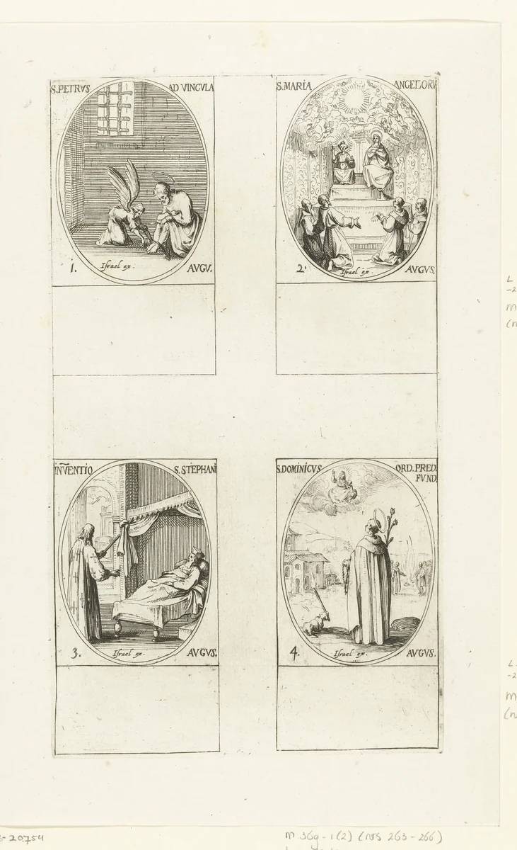 Petrus' banden, Maria van de Engelen, vinden van de relieken van de heilige Stefanus, Heilige Dominicus Guzmán van Caleruega (1-4 augustus) by Jacques Callot, print, 1632-1636