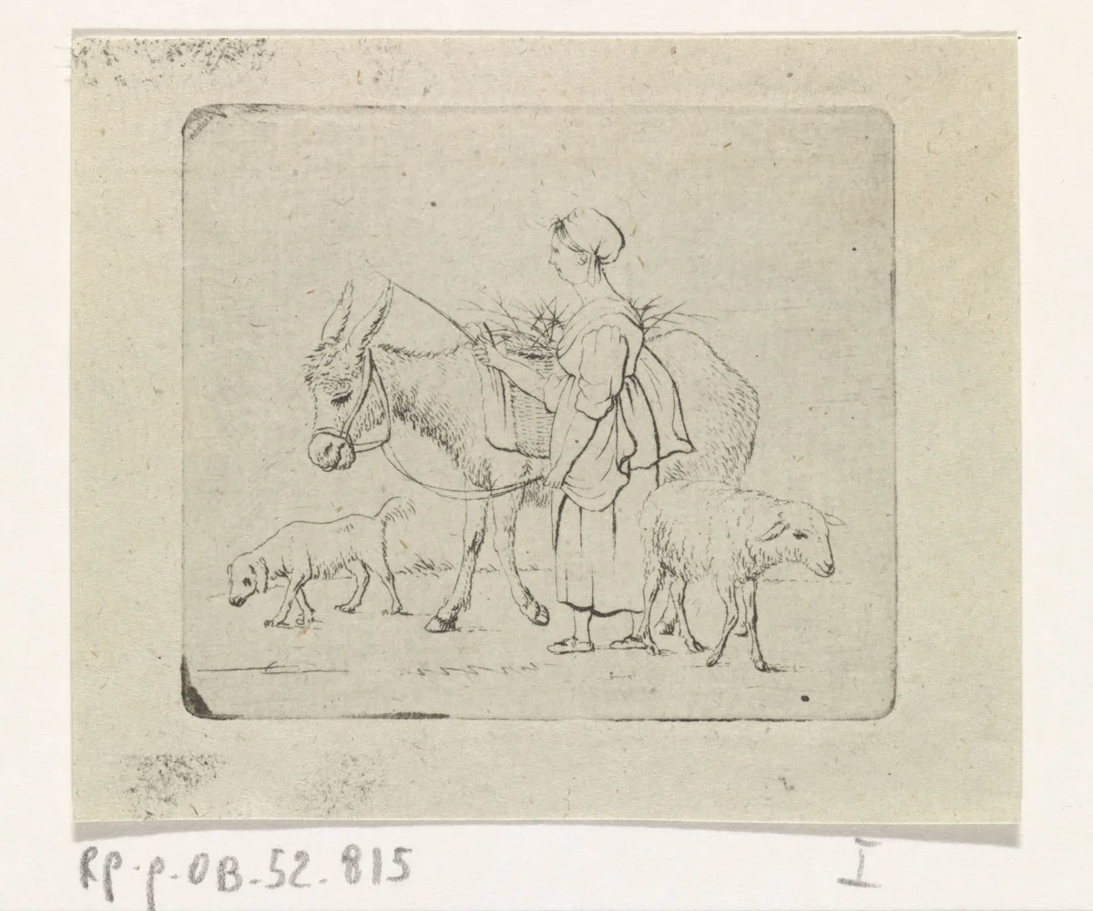 Herderin met muilezel, schaap en hond by Pieter de Goeje, print, 1789-1859