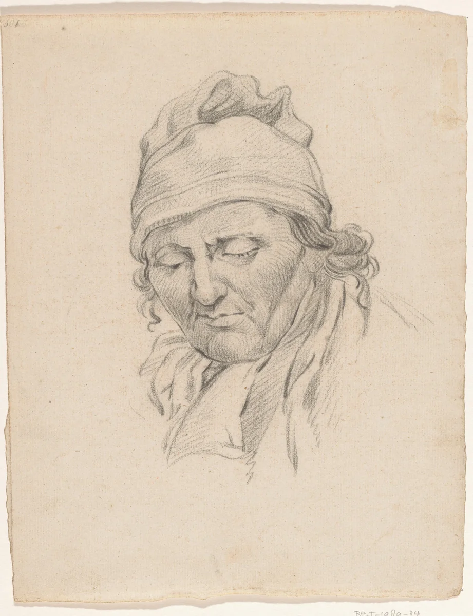 Hoofd van omlaag ziende man, met muts op by anonymous, drawing, 1700-1800