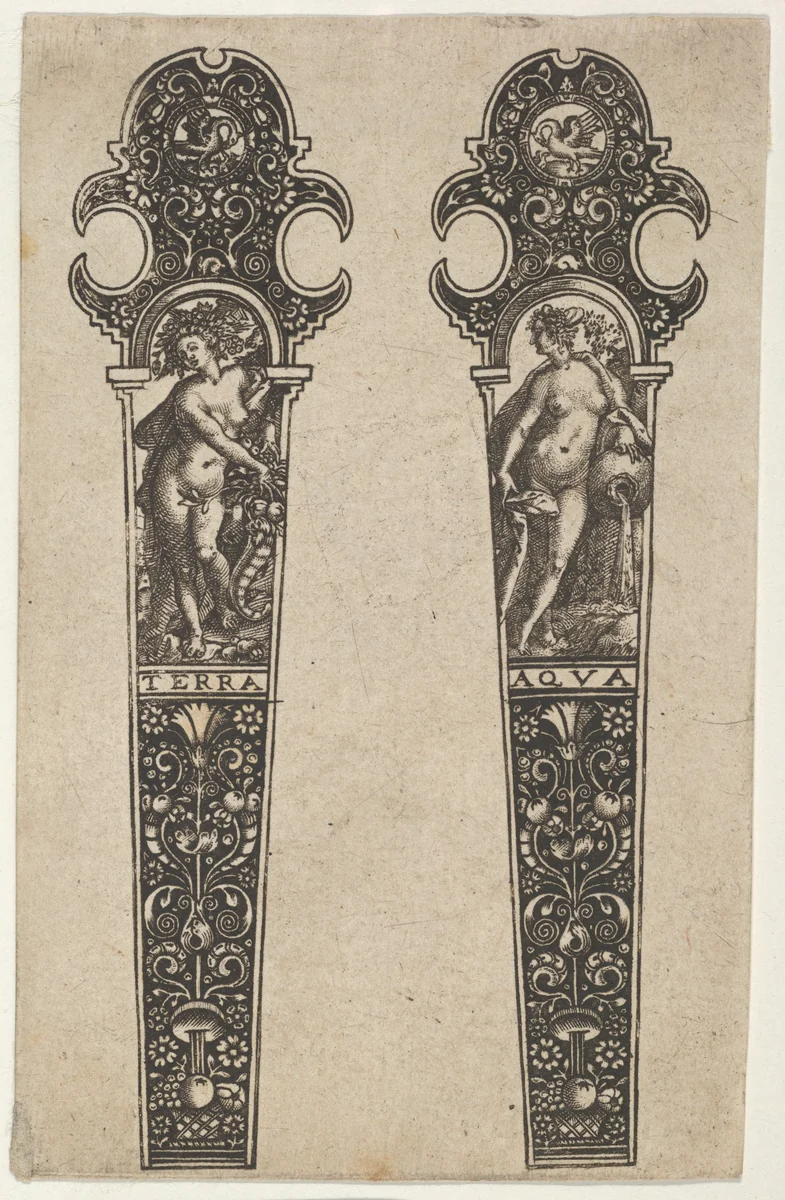 Design for Knife Handles with Terra and Aqua by Johann Theodor de Bry, print, 1580-1600