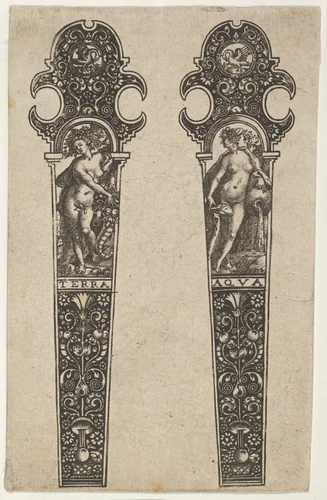 Design for Knife Handles with Terra and Aqua by Johann Theodor de Bry, print, 1580-1600