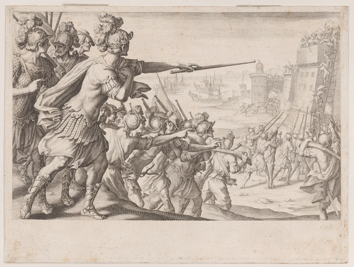 Prise de la Ville de Bone (Capture of the City of Bonne), from "La Vie de Ferdinand Ier de Médicis série appelée aussi Les Batailles des Médicis" (The Life of Ferdinand I de'Medici also called The Medici Battles) by Jacques Callot, print, 1614-1620