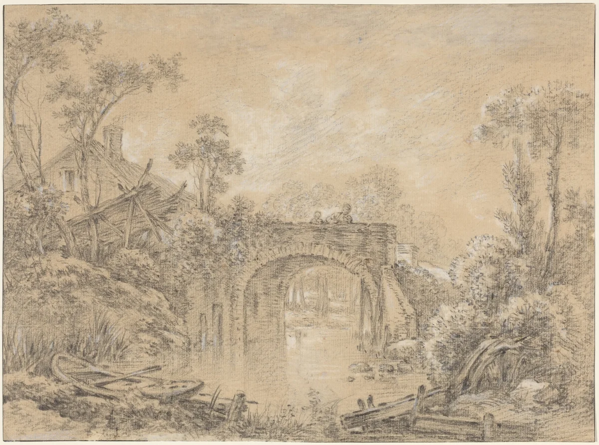 Landscape with a Rustic Bridge by François Boucher, drawing, 1740