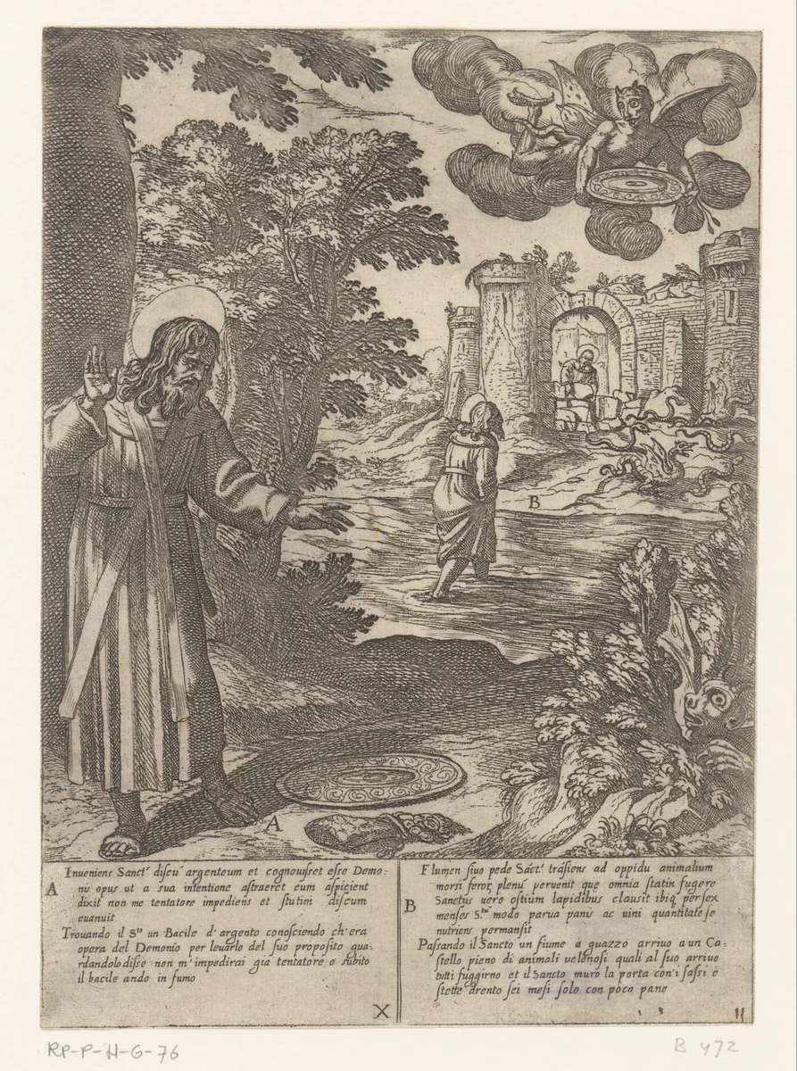 H. Antonius in verleiding gebracht door een zilveren schotel by Antonio Tempesta, print, 1598