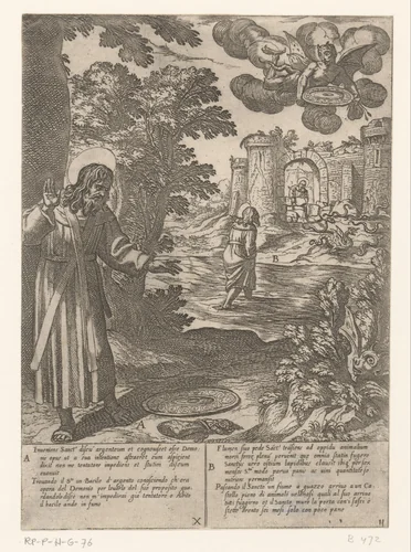H. Antonius in verleiding gebracht door een zilveren schotel by Antonio Tempesta, print, 1598