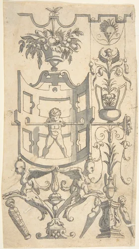 Candelabra Grotesque with a Naked Boy in a Strapwork Contraption by anonymous, drawing, 1540-1570