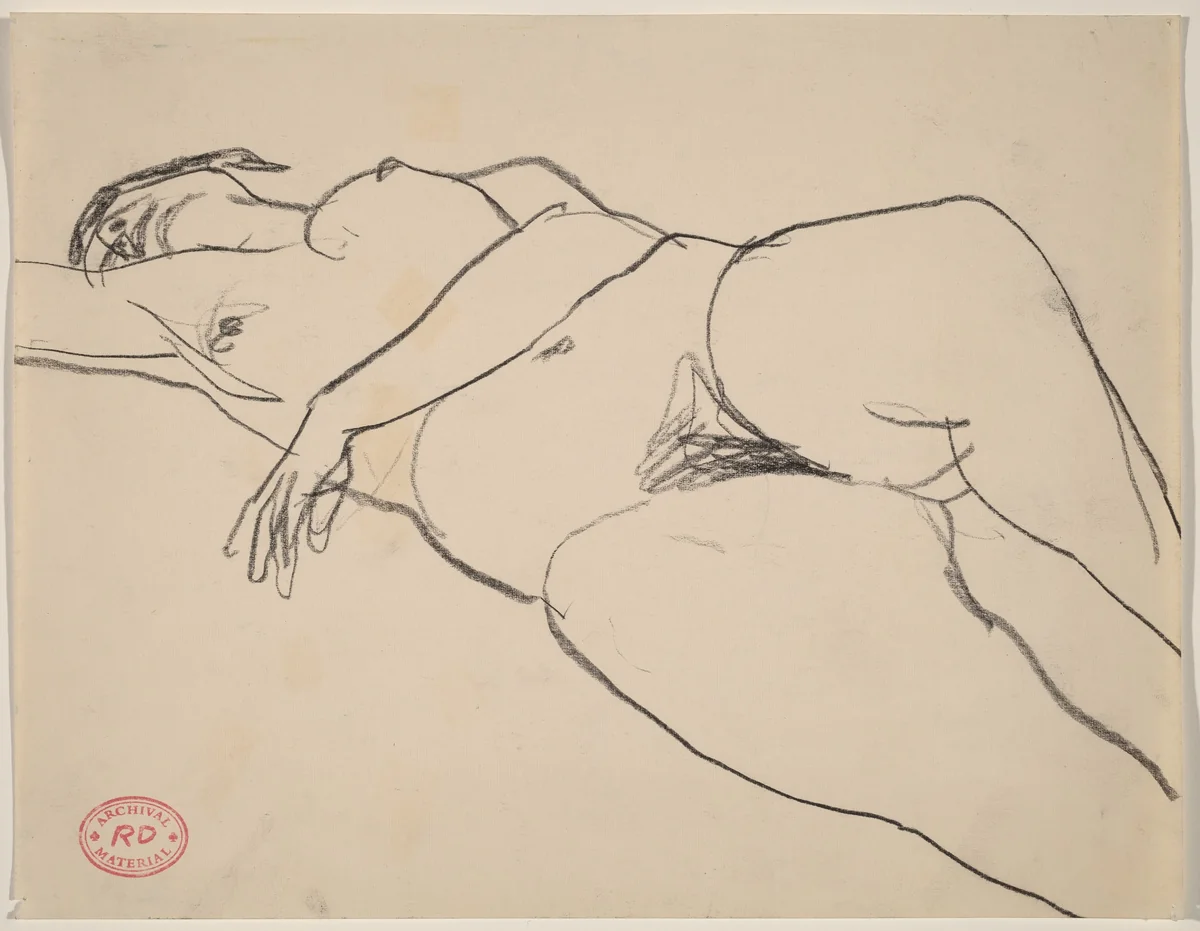Untitled [nude reclining with her left arm across her belly] by Richard Diebenkorn, drawing, 1955-1967