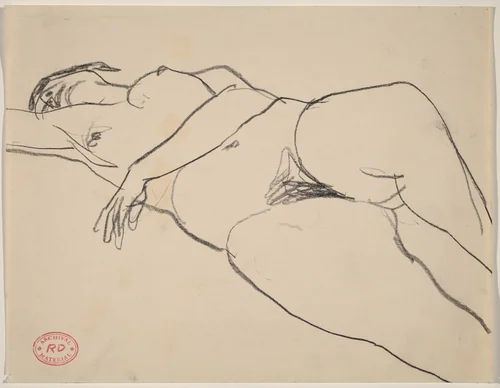 Untitled [nude reclining with her left arm across her belly] by Richard Diebenkorn, drawing, 1955-1967