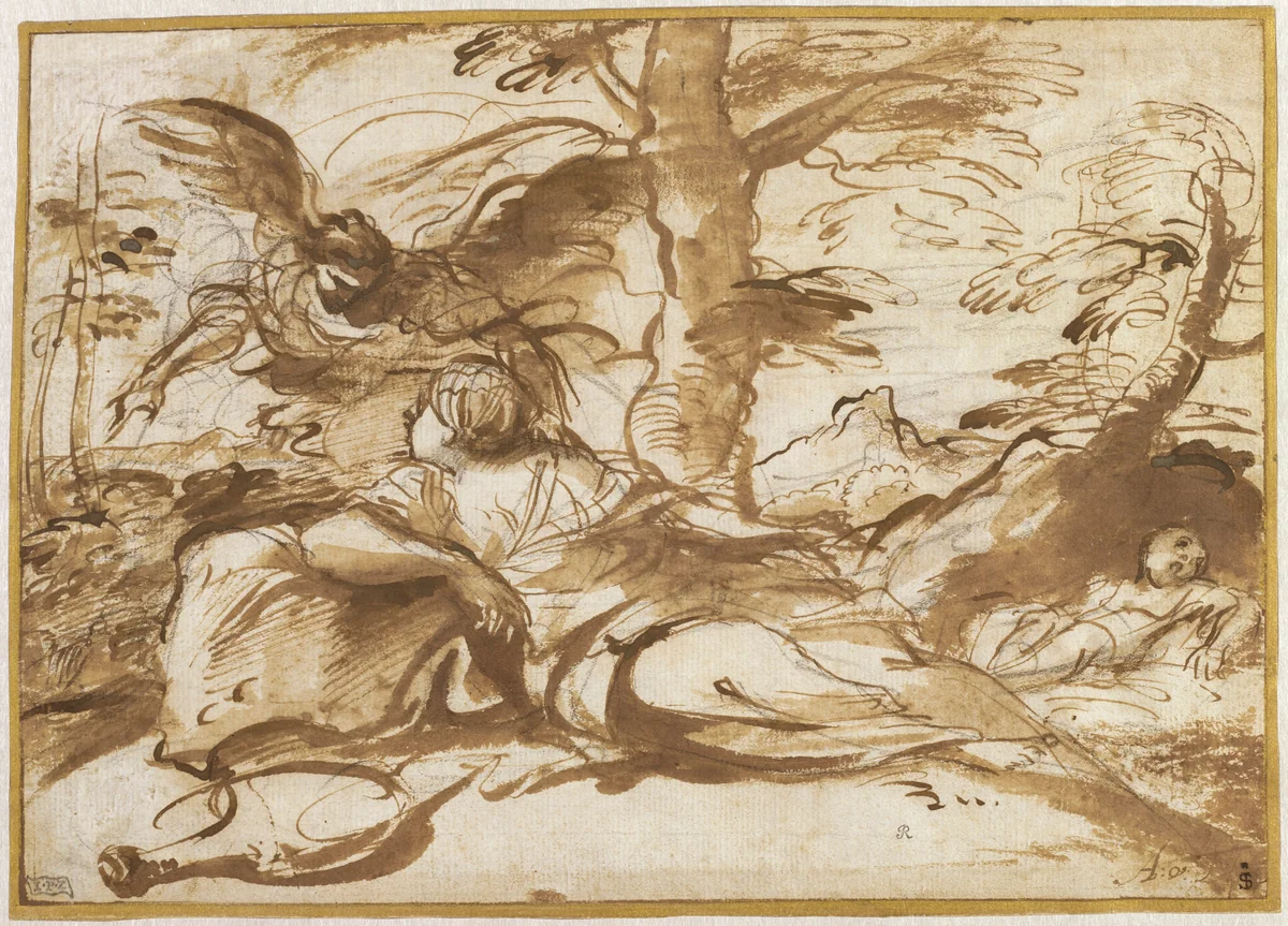 The Angel Appearing to Hagar in the Desert (recto) by Pier Francesco Mola, drawing, 1655-1665