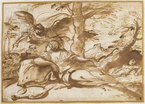 The Angel Appearing to Hagar in the Desert (recto) by Pier Francesco Mola, drawing, 1655-1665