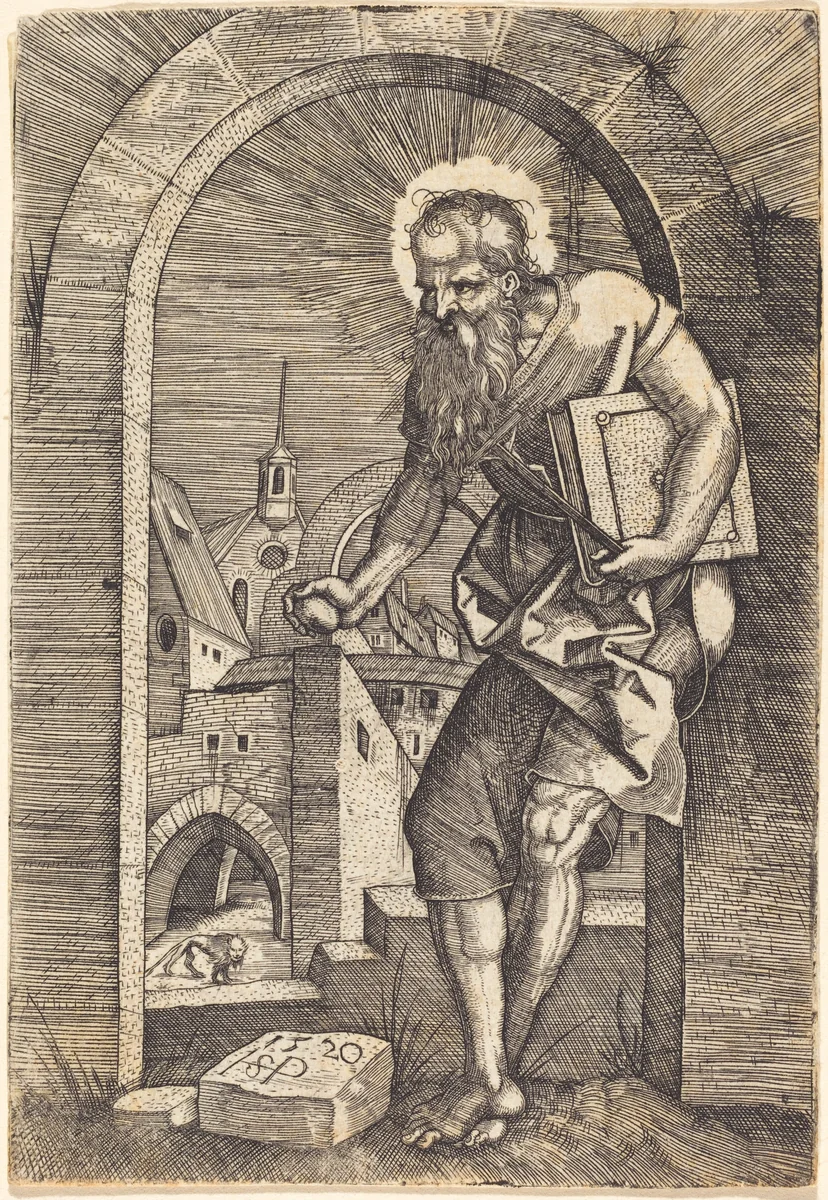 Saint Jerome Standing Under an Arch by Sebald Beham, print, 1520