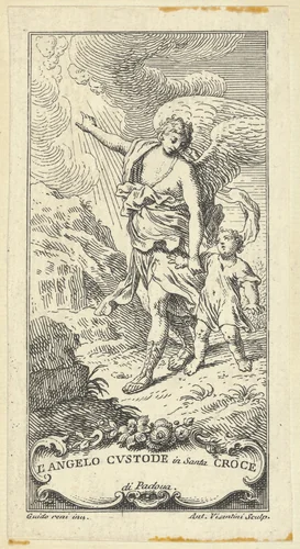 An angel leading a young boy and gesturing to the clouds by Antonio Maria Visentini, print, 1703-1782